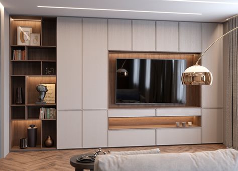 Media Wall With Wardrobe, Closet And Tv Wall, Wardrobe With Tv Unit, Bedroom Tv Unit Design, Outdoor Room Decor, Tv Unit Bedroom, Tv Fal, Built In Shelves Living Room, Tv Room Design