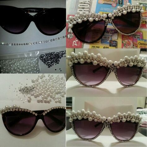 diy  diamond and pearl bedazzled sunglasses Diy Eye Glasses, Diy Sunnies, Bedazzled Sunglasses, Bedazzled Shoes Diy, Diamond Clothing, Diy Sunglasses, Mario E Luigi, Bedazzled Shoes, Beaded Sunglasses