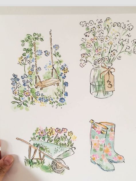 Cute Doodle Illustration, Cute Watercolor Doodles, Flower Marker Drawing, Watercolor Border Design, Cottagecore Sketchbook Ideas, Watercolor Art Cottagecore, Flower Garden Doodle, Watercolour Cottagecore, Cottagecore Illustration