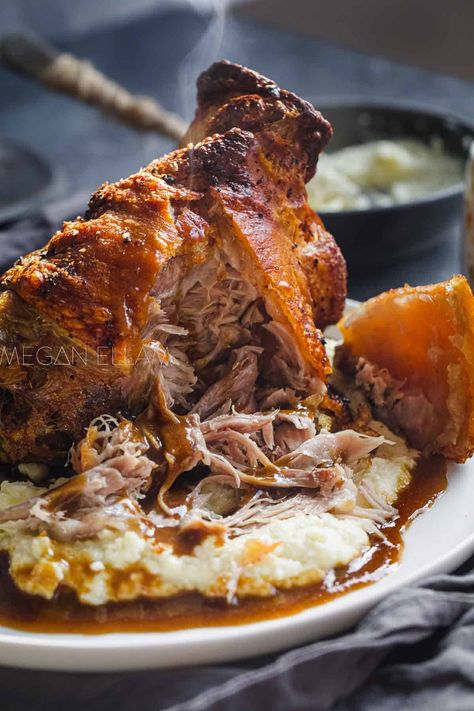 The crispiest Pork Knuckle German style is a popular traditional Bavarian dish also known as Schweinshaxe. Popular during Oktoberfest and all year round. German Pork Recipes, Pork Shank, Pork Knuckle Recipe Slow Cooker, Eisbein Recipe Crispy, Pork Shanks, Pork Hocks Recipe, German Main Course, German Pork Roast Recipes, Smoked Eisbein Recipe