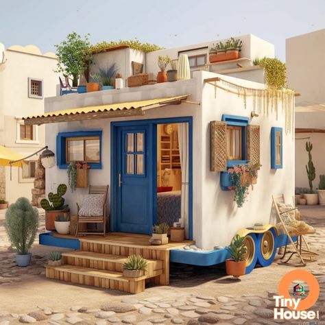 Ready to dive into the world of tiny houses? Take a look at this stunning Mediterranean-inspired design! The Beige and Blue color scheme gives off such a calming vibe. Is this your dream style? Or do you have other design preferences in mind? Share your thoughts and let's talk tiny houses! #TinyHouseInspiration #MediterraneanStyle #DesignElements #DreamHome #TinyLiving Tiny Mediterranean House, Mediterranean Tiny House, Mediterranean Bungalow, Cute Small Houses, Tiny House Rentals, Garage Plans With Loft, Tiny House Camper, Old School Bus, Tiny House Exterior