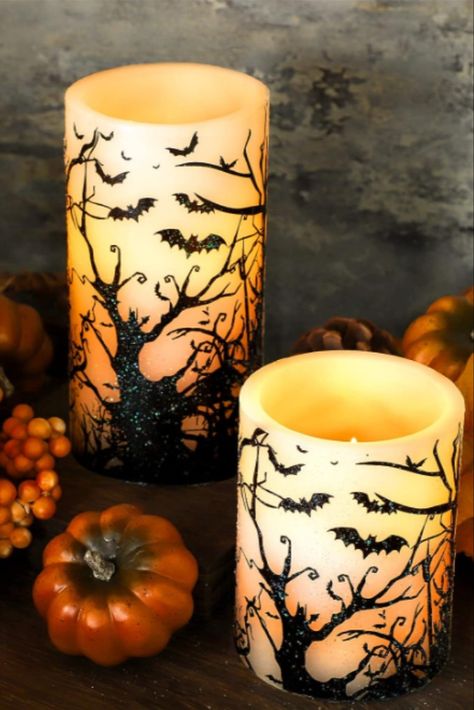 Halloween Decor Flameless Candles Set of 3 Black Spooky Bats Decal Flickering Candles Battery Operated with Remote Real Wax LED Pillar Candles for Halloween Party Horrible Theme Decor **As an Amazon Associate I earn from qualifying purchases. Vampire Decorations, Flameless Candle Set, Haunted House Decorations, Tree Decals, Led Pillar Candle, Flickering Candles, Halloween Candles, Flameless Candles, Led Candles