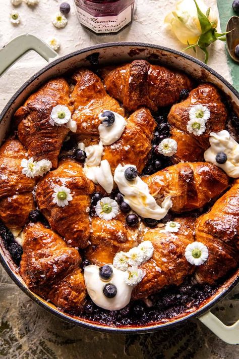 Blueberry Croissant French Toast Bake | halfbakedharvest.com Blueberry Croissant French Toast, Croissant French Toast Bake, Blueberry Croissant, French Toast Batter, Croissant French Toast, Homemade Brunch, Make Ahead Brunch, Half Baked Harvest Recipes, Greek Lemon Chicken