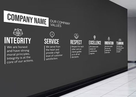 CUSTOMIZABLE COMPANY VALUES Wall Vinyl Decal, Add Your Company Name, Motivational, Inspirational - Etsy Corporate Core Values Design, Company Values Wall Design, Core Values Wall Design, Our Values Design, Company Values Design, Company Values Wall, Company Culture Wall, Values Wall, Company Logo Wall