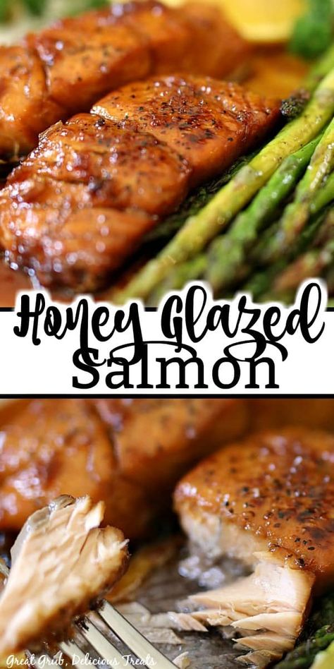 Honey Glazed Salmon - Great Grub, Delicious Treats Honey Glazed Salmon Recipe, Salmon With Asparagus, Salmon Recipes Baked Healthy, Delicious Salmon Recipes, Honey Glazed Salmon, Salmon Glaze Recipes, Grilled Salmon Recipes, Honey And Soy Sauce, Salmon And Asparagus