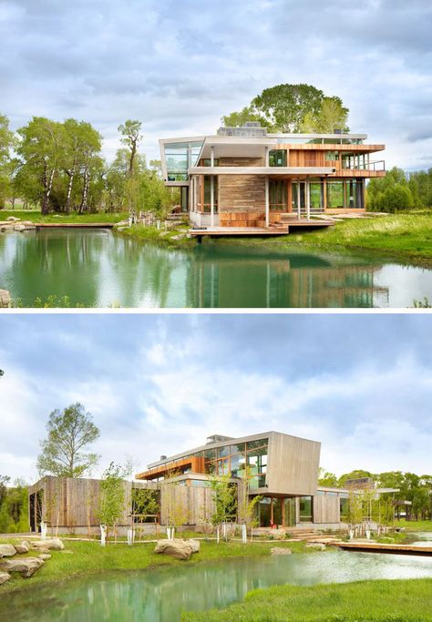 The spring fed ponds around this house provide year round water features when the river can slow to a trickle during drought cycles. Houses Built Over Water, Water In House Architecture, Falling Water House Plan, River Inspired Architecture, River Front Development, Riverside House, Community Housing, Two Storey House, Farm Stay