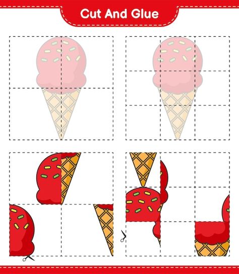 Cut and glue, cut parts of ice cream and... | Premium Vector #Freepik #vector #cut-glue #worksheet #kids-game #kids-puzzle Ice Cream Puzzle Free Printable, Cut And Glue Activities For Kids, Cut And Glue Free Printable, Ice Cream Worksheet, Worksheet Tk, Summer Puzzle, Ice Cream Games, Cut And Glue, 5 Senses