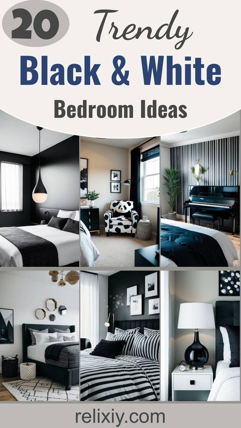 20 Trendy Black And White Bedroom Ideas To Transform Your Space Diy Black And White Bedroom Ideas, Black Silver White Bedroom, White Bedding With Black Accents, Bedrooms Black Furniture, White Black Bedroom Ideas, Black White Grey Bedroom, Minimalist Boys Bedroom, White Luxury Bedroom, Black And White Bedrooms