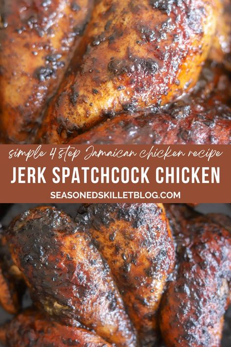 Jerk Spatchcock Chicken Whole Jerk Chicken, Jerk Chicken Breast Recipe, Authentic Jerk Chicken Recipe, Spatchcock Chicken Grilled, Bbq Whole Chicken, Baked Whole Chicken Recipes, Oven Bbq Chicken, Butterfly Chicken, Cook A Whole Chicken