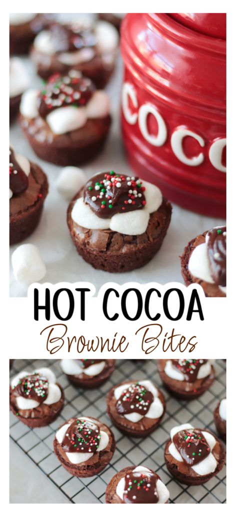 Brownie Bites Christmas, Mini Christmas Brownies, Hot Cocoa Brownie Cups, Chocolate Covered Brownie Bites, Mini Brownie Bites Christmas, Rolo Brownie Bites, Homemade Brownie Bites, Decorated Brownie Bites, Hot Cocoa Treats