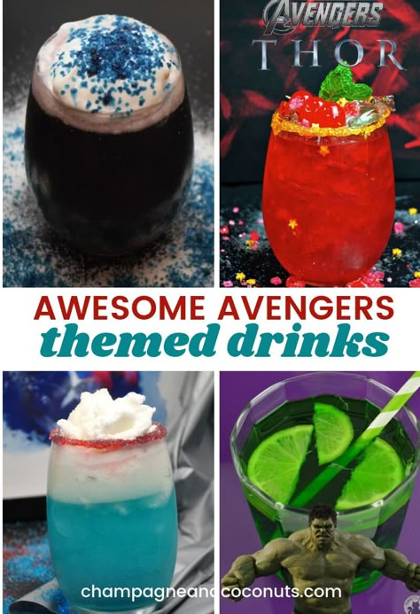 Avengers: Endgame is almost here, and we're celebrating with some delicious cocktails and mocktails. With themed drinks for Thor, Black Panther, Captain America and The Hulk, you'll find the perfect libation to sip while you're catching up on all of the movies. | champagneandcoconuts.com #AvengersEndgame #Avengers #cocktails #mocktails Marvel Themed Drinks, Movie Themed Drinks, Avengers Drinks, Avengers Cocktails, Geeky Cocktails, Marvel Drinks, Superhero Drinks, Fandom Wedding, Themed Cocktails