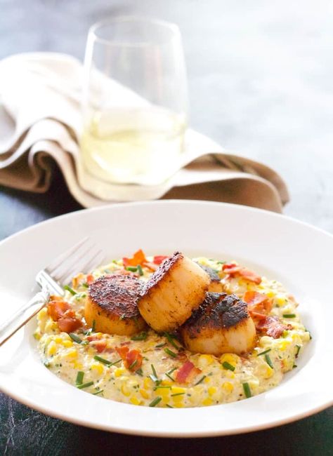 Buttermilk Fish Recipes, Healthy Scallop Dinner, Recipes With Gorgonzola, 7 Course Meal Menu Ideas, Sweet Corn Puree, Corn Puree, Elegant Dishes, Grilled Sweet Corn, Seafood Meals