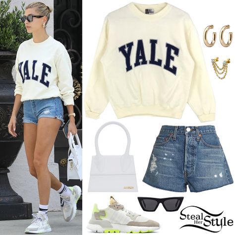 Hailey Baldwin Clothes & Outfits | Steal Her Style Varsity Sweatshirt Outfit, Yale Sweatshirt Outfit, Nite Jogger, Kaia Gerber Style, Look Adidas, Spring Trends Outfits, Vans Outfit, Joggers Outfit, Sweatshirt Outfit