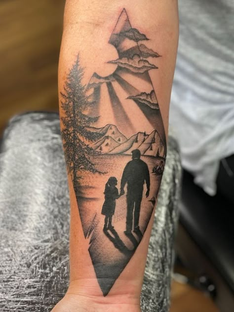 Father-Daughter Tattoo Father Daughter Tree Tattoo, Hunter Memorial Tattoo, Father Son And Daughter Tattoos, Father Tribute Tattoo Daughters, Father Daughter Tattoos For Men, Daughter Tribute Tattoo, Mens Tattoo For Daughter, Daughter Tattoo For Father Forearm, Father Daughter Silhouette Tattoo