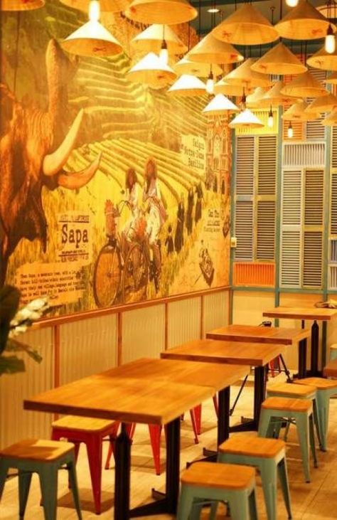 Small Chinese Restaurant Interior Design, Vietnamese Restaurant Interior, Filipino Restaurant Interior Design, Noodle Shop Design, Vietnamese Interior Design, Vietnamese Restaurant Design, Vietnamese Interior, Asian Restaurant Interior Design, Wall Graphics Design