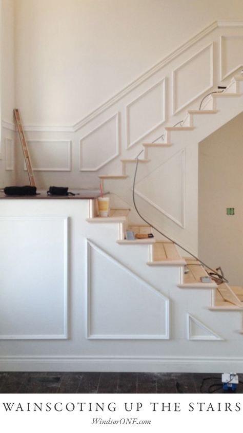 Featuring WindsorONE Federal panel molding. See more on this project by Tyler Kallenbach Construction at the link - Stair Update, Stair Panelling, Banister Makeover, Stair Moulding, Foto Scale, Staircase Molding, Stairs Trim, Stair Paneling, Wainscoting Stairs