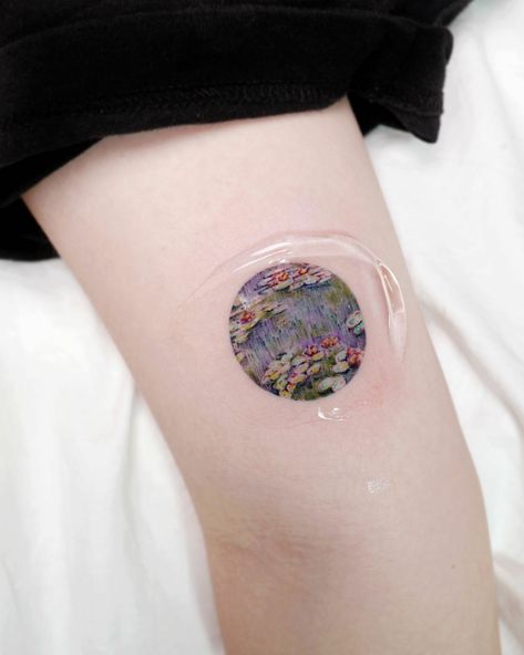 Monet Water Lily Tattoo, Water Lily Monet Tattoo, Monet Tattoo Ideas, Claude Monet Tattoo, Water Lilies Tattoo, Monet Tattoo, Colored Tattoos, Painting Tattoos, Water Lily Tattoos