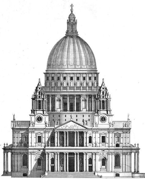 European Buildings Drawing, Baroque Architecture Drawing Sketch, Baroque Architecture Drawing, Churches Drawing, St Pauls Cathedral London, London Drawing, St. Paul’s Cathedral, Architecture Wall Art, Architecture Classic