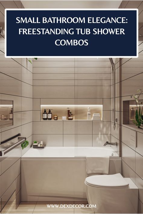 Elegant small bathroom featuring a freestanding tub and shower combo with recessed shelving. Freestanding Tub Shower Combo, Bathtub Styles, Half Wall Shower, Jacuzzi Tubs, Luxurious Bathtubs, Bathtub Shower Combo, Bathtub Ideas, Shower Combo, Freestanding Tubs