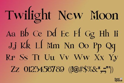 Free download of Twilight New Moon Font. Released in 2009 by Alphabet & Type Typography & Graphic and licensed for personal and commercial-use Twilight Font Alphabet, Twilight Font, Moon Font, Gothic Typeface, Writing Fonts, Twilight New Moon, Font Alphabet, Alphabet Fonts, Nostalgic Art