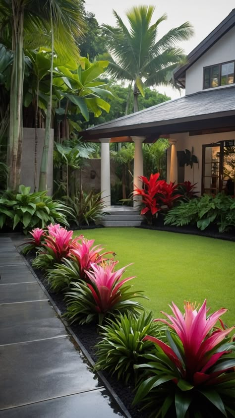 Discover the perfect tropical landscape design incorporating modern and Balinese garden ideas plans for backyard and front yard entrance styles small and full sun spaces Get inspired with our collection of minimalist lush and innovative designs for your outdoor oasis Backyard Privacy Ideas Landscapes, Tropical Garden Design Small Spaces Landscaping Ideas, Modern Tropical Landscape Design, Tropical Landscape Front Yard, Tropical Landscape Ideas, Front Yard Entrance, Florida Landscaping Ideas, Yard Entrance, Tropical Backyard Landscaping