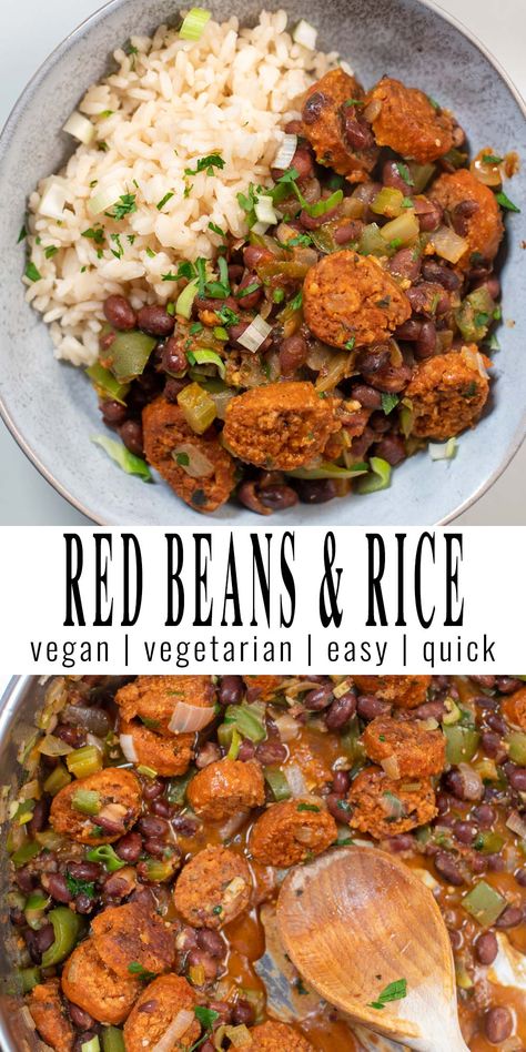 Red Beans and Rice are the ultimate comfort food, filling and so easy to make. Made with vegan sausage, rice, red beans, vegetables and great seasonings it is always a staple always. Tons of flavors and wonderful textures that you love make this Red Beans and Rice recipe a keeper that everyone can't get enough of. #vegan #dairyfree #dinner #vegetarian #lunch #contentednesscooking #redbeansandsrice Vegan Red Beans And Rice, Vegan Red Beans, Vegan One Pot Meals, Red Bean And Rice Recipe, Red Beans Recipe, Vegan Casseroles, Red Beans And Rice Recipe, Sweet Potato Rice, Red Beans N Rice Recipe