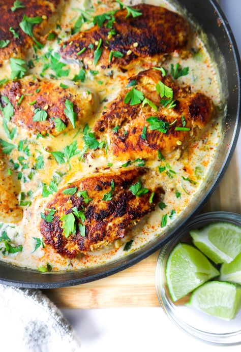 CREAMY CILANTRO LIME CHICKEN Lime And Coriander Chicken, Creamy Cilantro Lime Chicken, Lime Cilantro Chicken, Creamy Coconut Sauce, Creamy Chicken Chili, Lime Chicken Recipes, Cilantro Chicken, Whole 30 Approved, Coconut Sauce