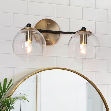 Modern 2-Light Black Gold Bathroom Vanity Lights Globe Glass Wall Sconces - 14.5" L x 7.5" W x 8" H - On Sale - Bed Bath & Beyond - 35511453 Globe Bathroom Light Fixture, Black And Gold Vanity Light, Globe Vanity Light, Double Vanity Lighting, Black Gold Bathroom, Bathroom Light Fixtures Over Mirror, Gold Bathroom Fixtures, 2 Light Vanity Light, Powder Room Lighting