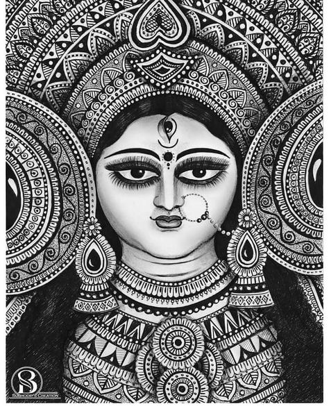 Durga Mata Mandala Art, Durga Ma Drawings, Mandala Art Of God, Goddess Drawing Pencil, Mataji Sketch, Durga Madhubani Painting, Ma Durga Mandala Art, Durga Maa Mandala Art, Maa Durga Sketch