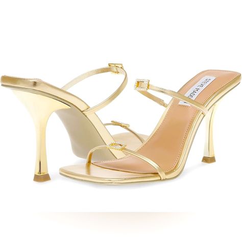 Gold Heels Short, Steve Madden Heels, Chic Sandals, Rhinestone Sandals, Gold Sandals, Gold Heels, Steve Madden Shoes, Sleek Fashion, Womens High Heels