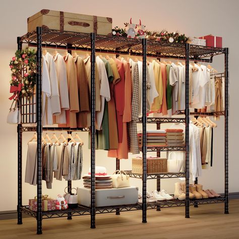 PRICES MAY VARY. 【Extra Large Size & All-in-one Multifunction Closet Rack】Extra large garment rack size 76.2"W X 15.9"D X 76.2"H offers you various storage area to place your clothes,accessories, shoes,etc. Clothes hanging rod is great for hanging suits, coats, long dresses, shirts or other clothes. Shoes can be put on the bottom of the shelf,and quilt,blanket and storage box can be organized on the shelves. Portable closet is suitable for cloakrooms, bedrooms, apartments,school dormitories, etc Standing Closet, Portable Clothes Rack, Clothing Racks, Free Standing Closet, Closet Rack, Metal Clothes Rack, Heavy Duty Clothes Rack, Portable Closet, Garment Rack