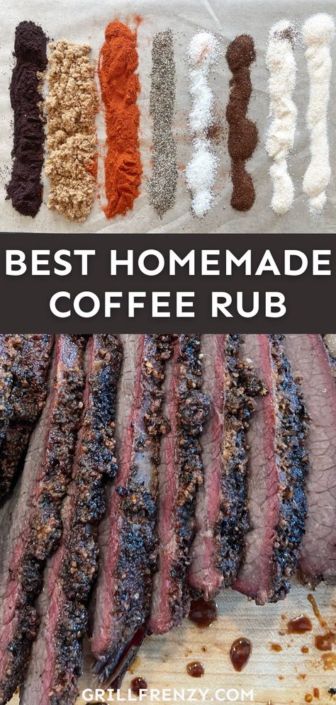 This coffee rub goes perfectly on smoked steaks and brisket, and is much cheaper than the store-bought rubs. The star of the show is the coffee, which is earthy, savory and pairs perfectly with beef. Be sure to try this homemade coffee rub the next time you've got beef on the menu! | homemade coffee steak rub | coffee crusted steak | steak coffee rub recipe | coffee steak seasoning | coffee steak rub recipes | coffee steak rubs for grilling | best coffee steak rub | best coffee rub Coffee Rub Brisket, Coffee Brisket Rub Recipe, Steak Coffee Rub Recipe, Coffee Rub For Ribs, Espresso Rub Recipe, Dry Rub Steak Recipes, Coffee Steak Rubs For Grilling, Espresso Steak Rub, Coffee Crusted Steak