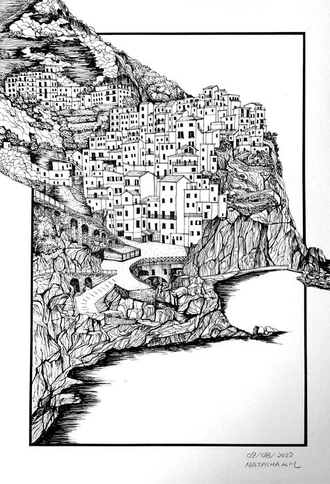 Cinque Terre / Five Towns, Italy - 2022 "I draw the places that I've been, it's my personal memories." This is an original hand-drawing in Size A3, created by me, NATASHA K. HE. Portfolio & Online Store: natashakhe.com - Original with signature & date - Material: Heavyweight Cartridge Paper - Paper Size: A3 Size (42 x 29.7 cm) - Margin Size: 3cm each edge - Actual Drawing Size: 36 x 23.7 cm - Limited Edition Giclee Print in size A3, A4 are also available in the store. --------------------------- Upside Down City Art, City Drawing Sketches Cityscapes, Cinque Terre Drawing, Cinque Terre Tattoo, Scenes To Draw, A3 Drawings, Village Sketch, Italy Drawing, Drawing Mountains