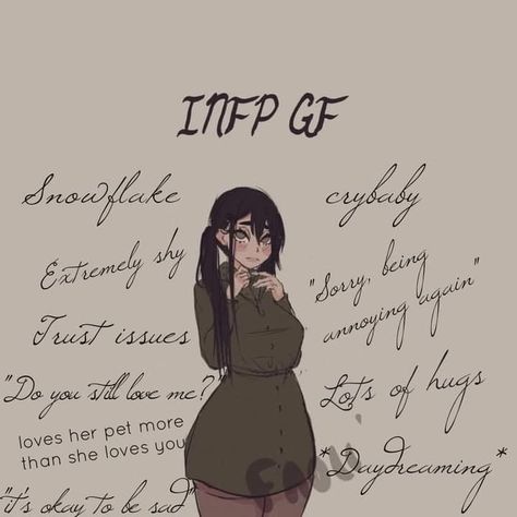 Types Of Girlfriends Personality, Different Gf Types, Types Of Gf Drawings, Infp Girlfriends, Mbti Girlfriend, Infp Bf, Types Of Bf Drawing, Infp Girlfriend, Types Of Girlfriends Drawing