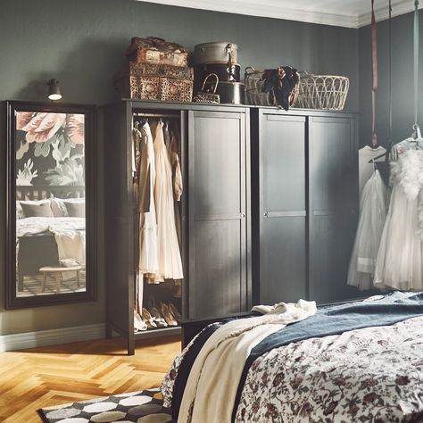 An eclectic bedroom - IKEA Dark Bedroom Wardrobe, Bedroom Ideas Furniture, Armoire Bedroom, Dark Wood Living Room, Revealing Clothes, Open Wardrobe, Wood Wardrobe, Layered Curtains, Ikea Bedroom