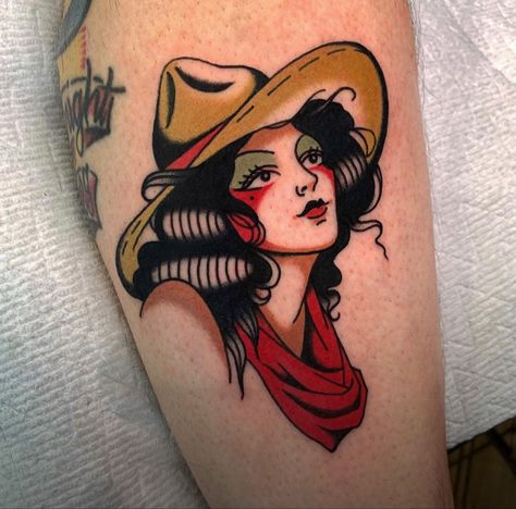 Funny Skeleton Tattoo, Cowgirl Pinup Tattoo, Traditional Tattoo Woman Face, Traditional Tattoo Pin Up, Traditional Tattoo Girls, Cowgirl Pinup, Traditional Tattoo Woman, Pinup Tattoo, Face Tattoos For Women