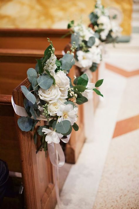 Eucalyptus. A little or a lot, perfect either way. ~ Yard Sale Weddings Church Pew Wedding, Church Pew Decorations, Wedding Pew Decorations, Wedding Suggestions, White Larkspur, Pew Markers, Pew Flowers, Wedding Church Decor, Pew Decorations