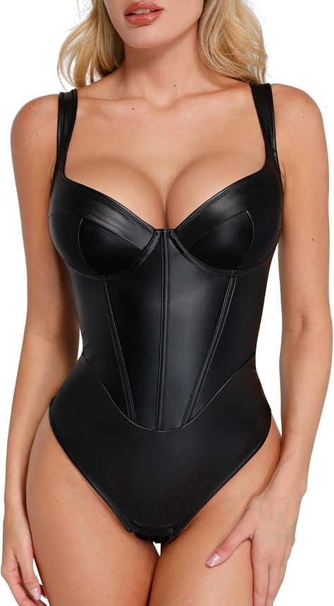 Popilush Leather Corset Bodysuit for Women Tummy Control V Neck Thong Shapewear Sleeveless Body Suit Trendy Tops at Amazon Women’s Clothing store V Neck Corset, Corset Bodysuit, Leather Bodysuit, Shapewear Bodysuit, Leather Corset, Amazon Women, Night Outfits, Black Bodysuit, Body Suit