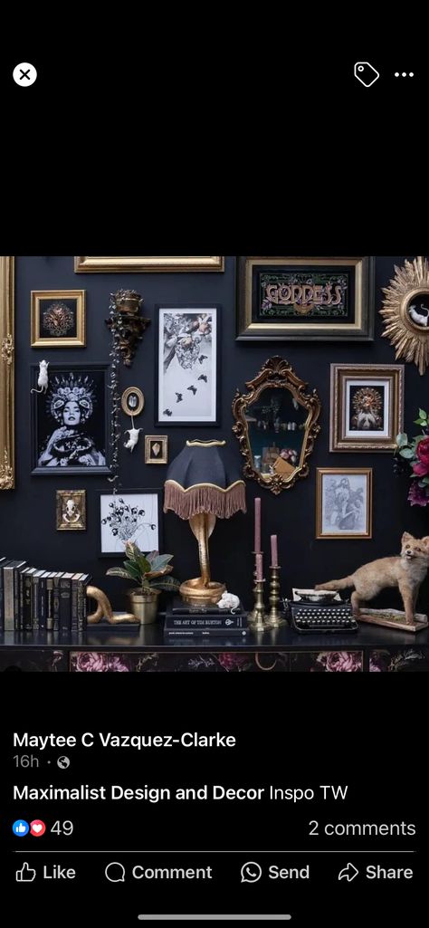 Moody Living Room Wall Decor, Moody Gallery Wall Ideas, Dark And Moody Gallery Wall, Gothic Tv Stand Decor, Moody Foyer, Whimsigoth House, Gothic Gallery Wall Ideas, Moody Maximalism Gallery Wall, Dark Academia Frame Wall