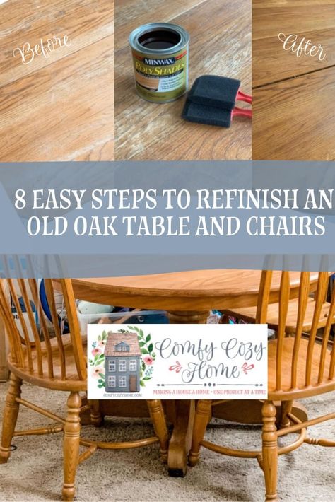 Learn how I refinished an old Oak Table and Chairs in 8 easy step by step instructions. Resources and product list as well as photos. #refinishingfurniture #refinishingtable Refinish Kitchen Table And Chairs, Table Refinishing, Refinish Oak Kitchen Table, Painting Oak Table And Chairs, Refurbish Dining Room Table And Chairs, Old Oak Table Makeover, Chalk Paint Oak Table, Refinish Oak Table And Chairs, Oak Table Refinishing Ideas