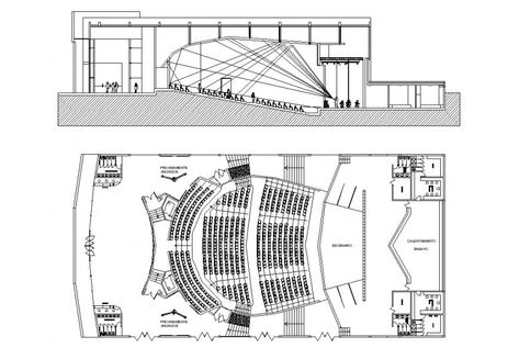 Multi-plex theater building plan and section detail 2d view layout file in dwg format Theatre Section, Theater Building, Theater Plan, Section Detail, Auditorium Design, Theatre Building, Theater Architecture, Conference Hall, Drawing Block