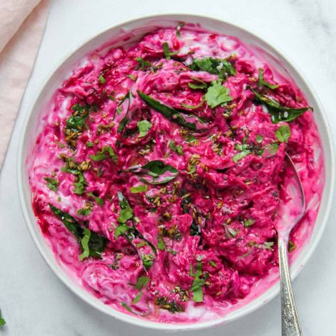 Beet Koshimbir How To Make Beets, Indian Salads, Indian Side Dishes, Full Fat Yogurt, Spicy Dishes, Brussels Sprouts Recipe, Chaat Masala, Pita Chips, Ground Turmeric