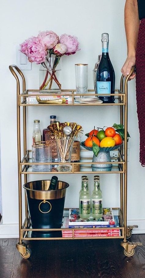 Decorate A Bar Cart, Bar Cart Inspo, Gold Bar Cart Target, Gold Bar Cart Styling, Bar Cart Inspiration, Contemporary Home Design, Diy Bar Cart, Bar Cart Accessories, Gold Bar Cart