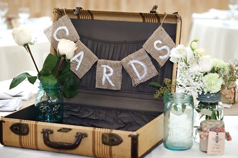 Suitcase For Wedding Cards, Suitcase Card Box, Wedding Card Table, Rustic Party Favors, Rustic Card Box Wedding, Rustic Wedding Cards, Rustic Party, Country Theme Wedding, Country Style Wedding