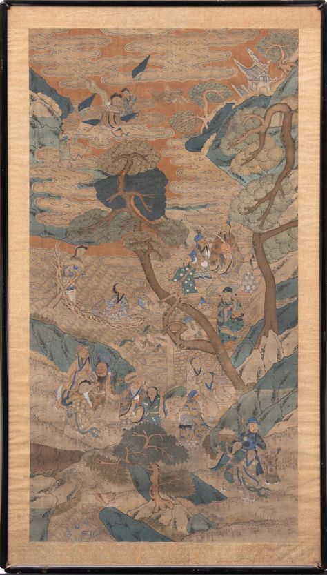 19th C. Qing Dynasty Style Chinese silk tapestry, 72 x 40", frame: 73.5 x 41.75" #vogtauction #sanantonio #satx #qingdynasty #silk #tapestry #antique #vintage #asiandecor #chinesetapestry #orange #blue #ancientchina #treeart Chinese Tapestry, Silk Tapestry, Chinese Silk, Luxury Estate, Asian Decor, Ancient China, Qing Dynasty, Tree Art, Antique Vintage