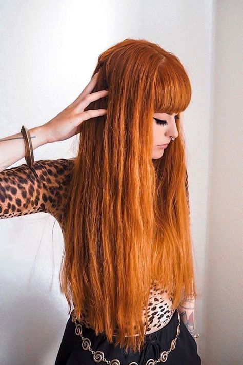 Dyed Hair With Bangs, Sunset Orange Hair, Orange Dyed Hair, Dark Orange Hair, Orange Hair Dye, Arctic Fox Hair Dye, Red Orange Hair, Hair Pale Skin, Funky Hair