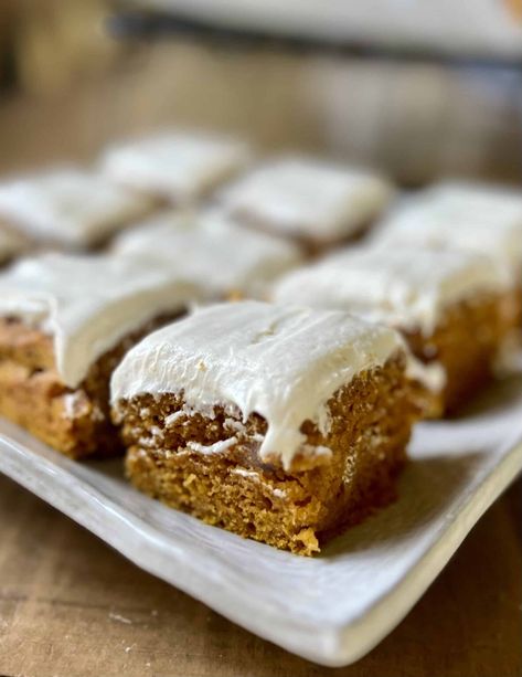 Pumpkin Bars with Sourdough Discard - Amy Bakes Bread Pumpkin Bread With Sourdough Discard, Pumpkin Sourdough Discard Bars, Thanksgiving Desserts Sourdough, Sourdough Pumpkin Discard Recipes, Discard Granola Bars, Sourdough Discard Pumpkin Coffee Cake, Sourdough Bar Cookies, Glenda Groff Sourdough, Sourdough Discard Pumpkin Bars