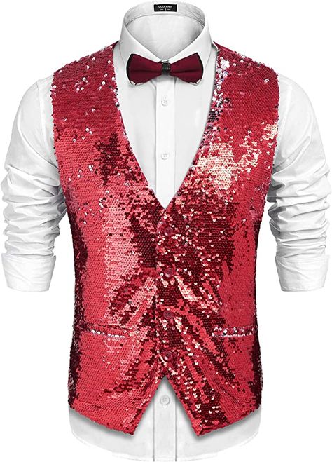 Coofandy Men's Slim Fit Shiny Sequins Vest Waistcoat For Party,Wedding,Christmas,Nightclub Red Large at Amazon Men’s Clothing store Disco Costume, Shiny Dress, Sequin Vest, Formal Vest, Mens Suit Vest, Shiny Dresses, Vest Waistcoat, Floral Shirt Dress, Red Sequin