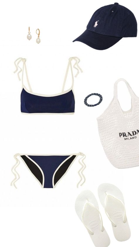 Outfit inspo dark blue white beachy bikini Clean Girl Swimsuit, Coastal Bathing Suits, Summer Swimwear Aesthetic, Dark Blue And White Outfit, Old Money Swimwear, Clothing Collage, Classy Swimsuit, Classy Swimwear, Blue And White Outfit