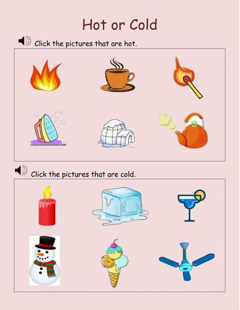 Hot And Cold Activities, Hot And Cold Worksheet, Cold Pictures, Time To The Hour, Division Worksheets, Math Interactive, Number Recognition, Science Worksheets, School Subjects